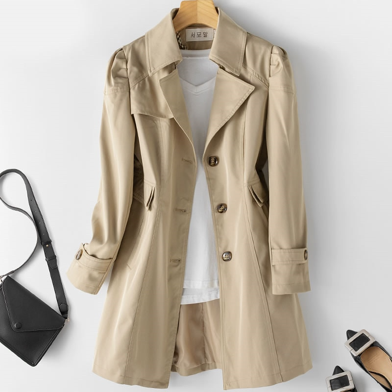 Women's Padded Shoulder One-Button Trench Jacket