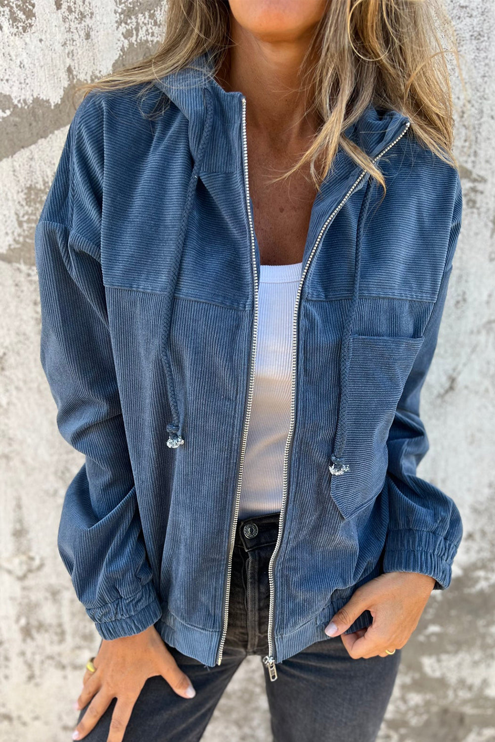 Adjustable Drawstring Teal Zip-Up Hooded Jacket