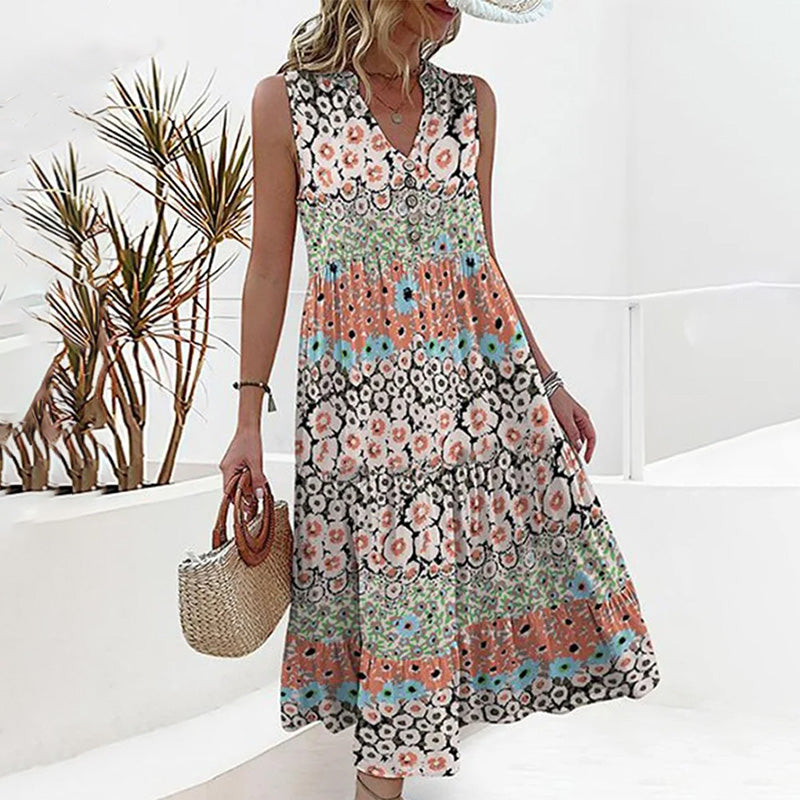 Stylish Sleeveless V-Neck Summer Dress with Floral Print