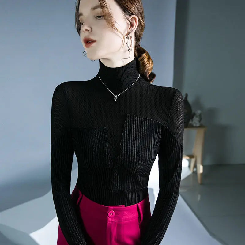 Stylish Velvet Patchwork Turtleneck Knit