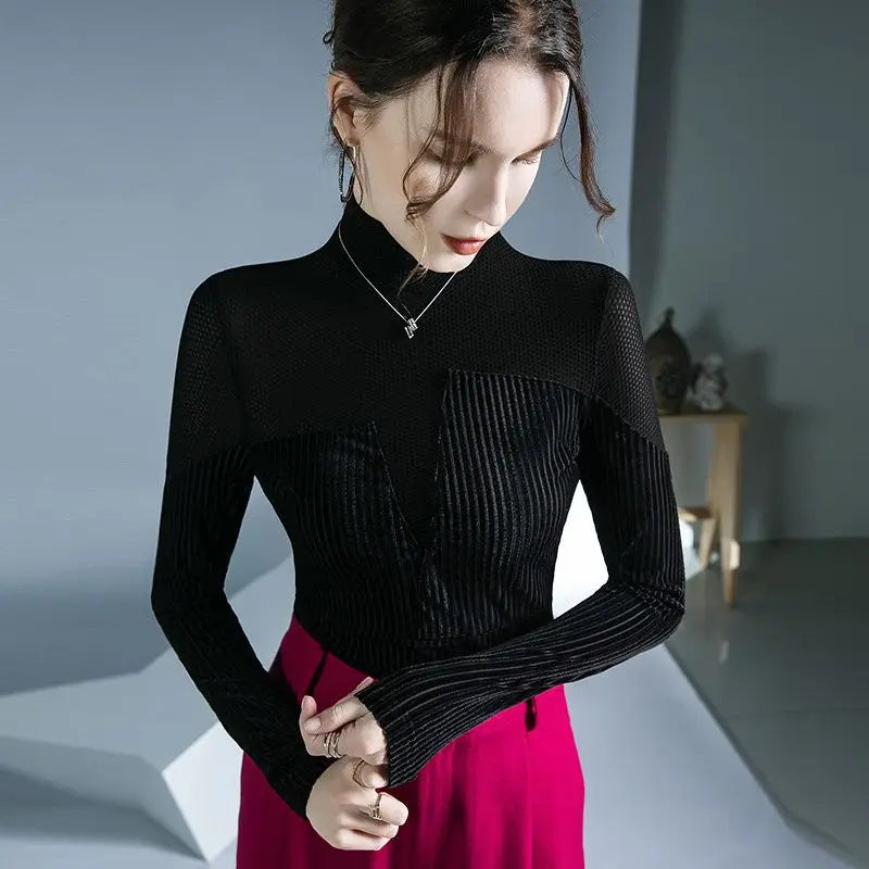 Stylish Velvet Patchwork Turtleneck Knit