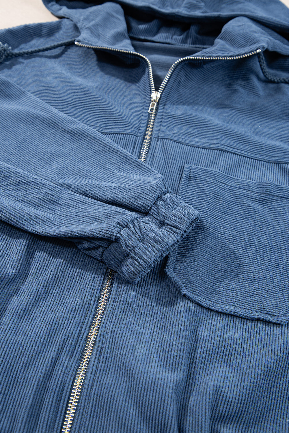 Adjustable Drawstring Teal Zip-Up Hooded Jacket