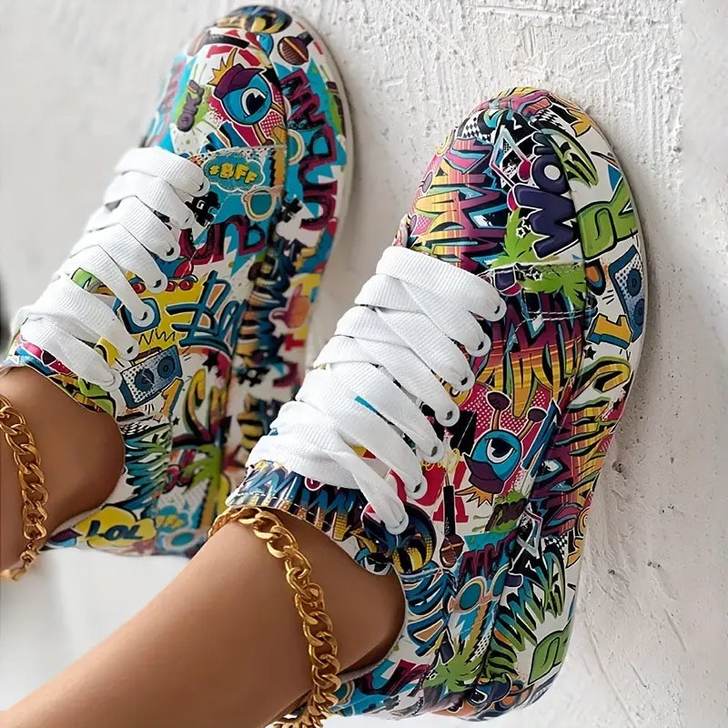 Graffiti Print Layered Sneakers for Women