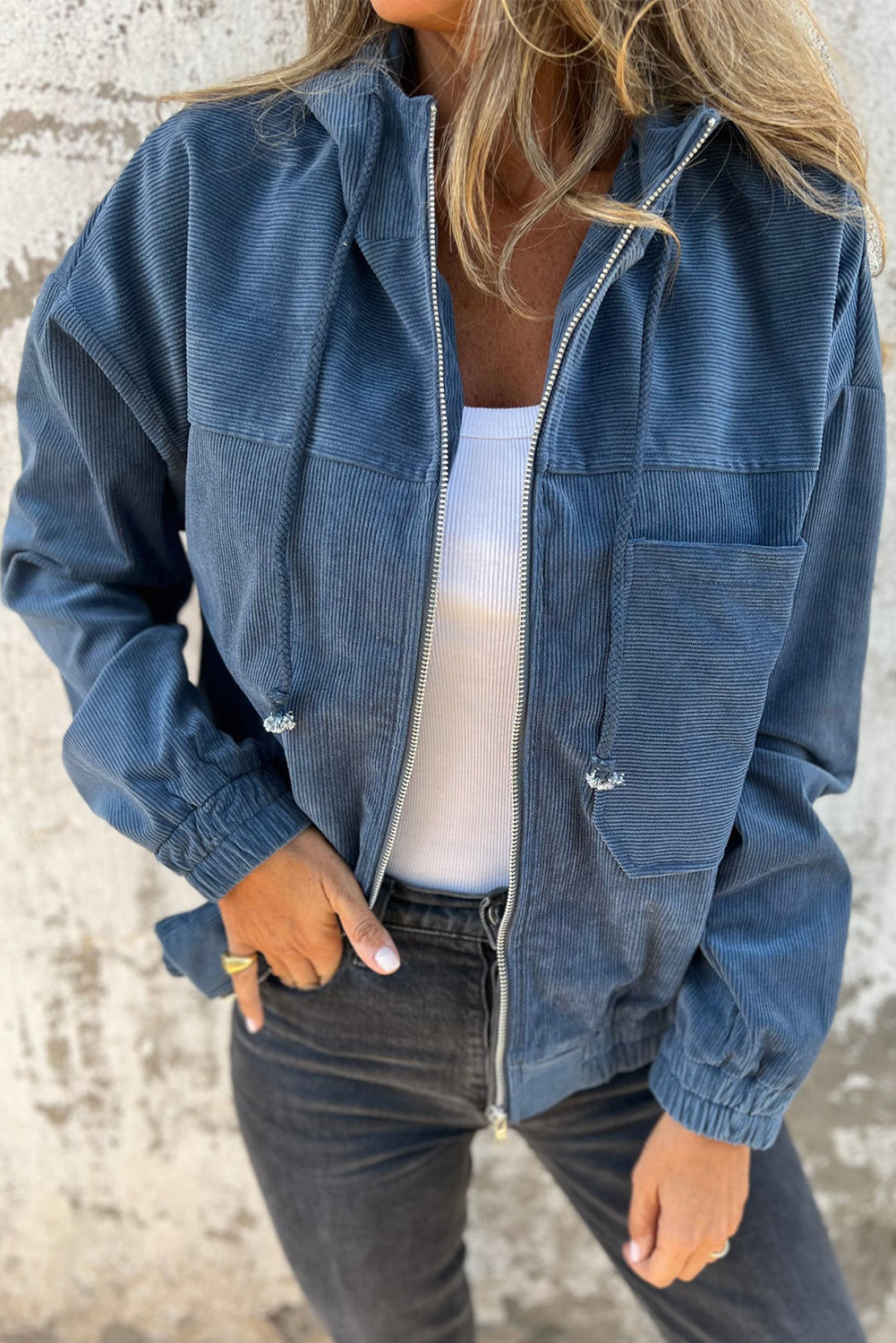 Adjustable Drawstring Teal Zip-Up Hooded Jacket