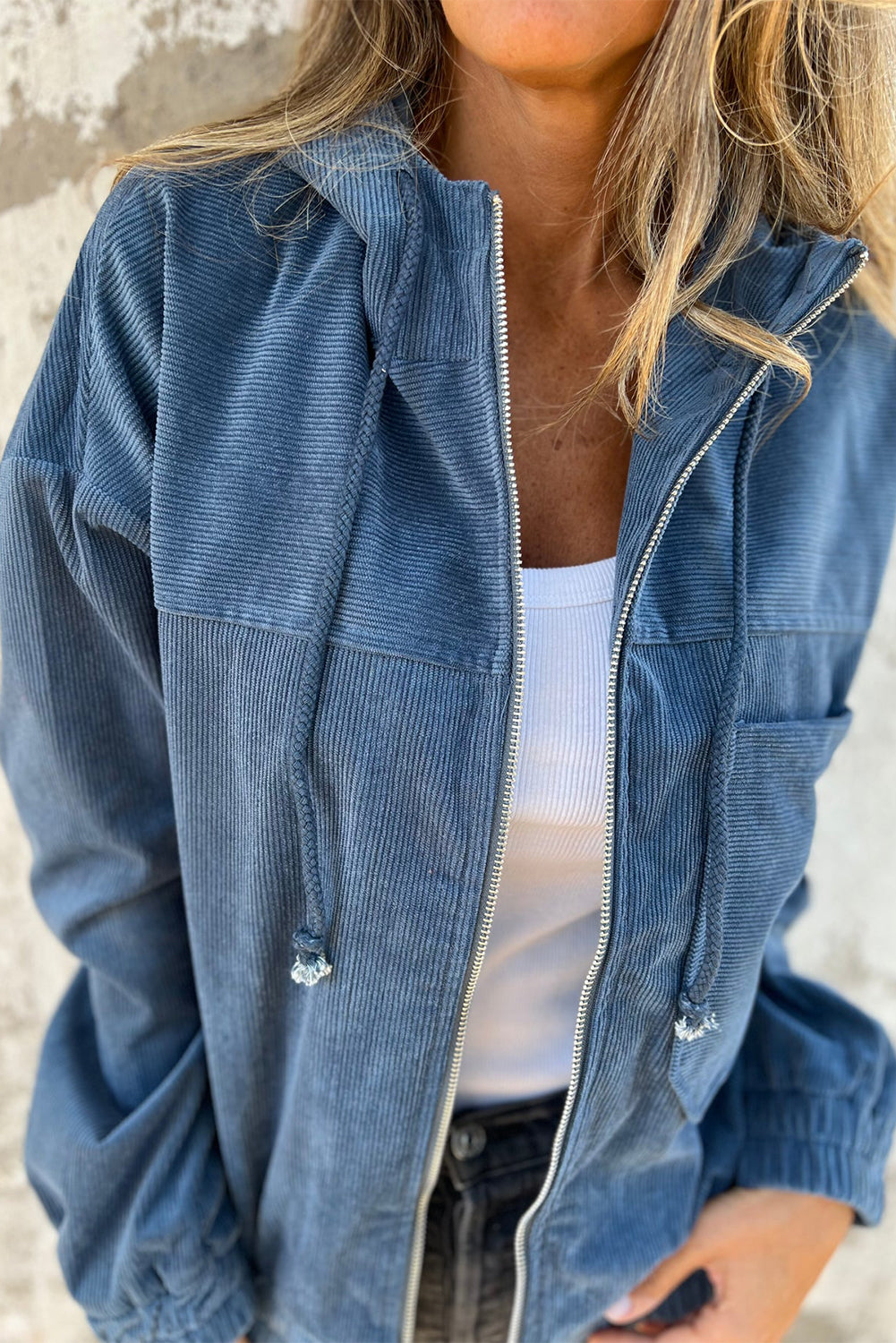 Adjustable Drawstring Teal Zip-Up Hooded Jacket