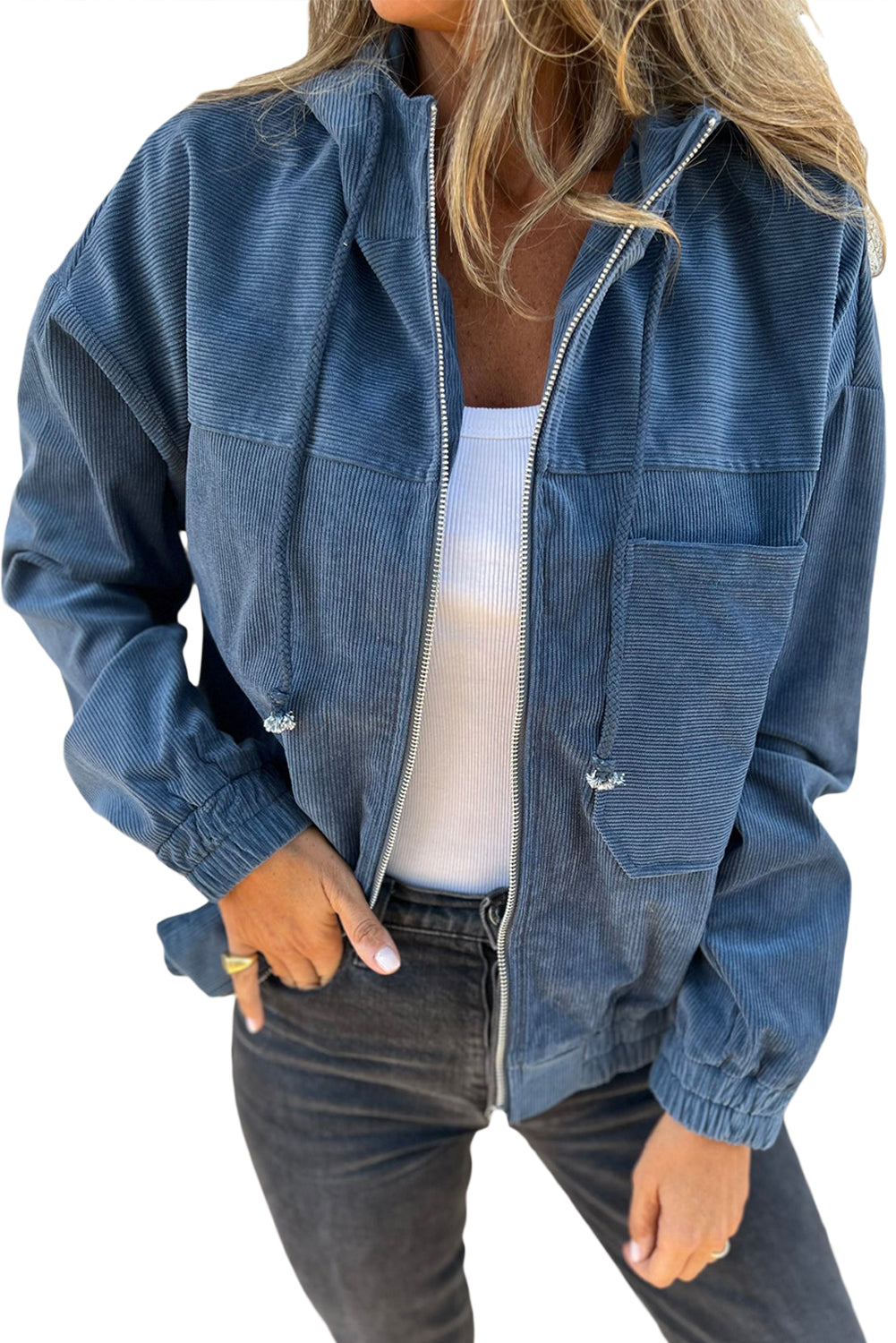 Adjustable Drawstring Teal Zip-Up Hooded Jacket