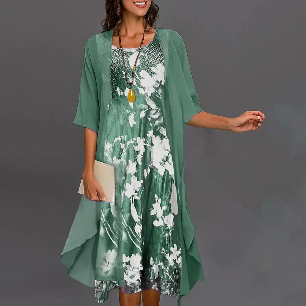 Elegant Floral Print Dress with Stylish Three-Quarter Sleeves