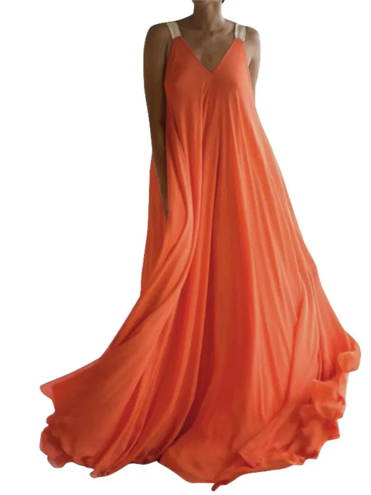 Chloë - Women's Sleeveless V-Neck Bohemian Maxi Dress for Summer, Solid Color, Easygoing Fit