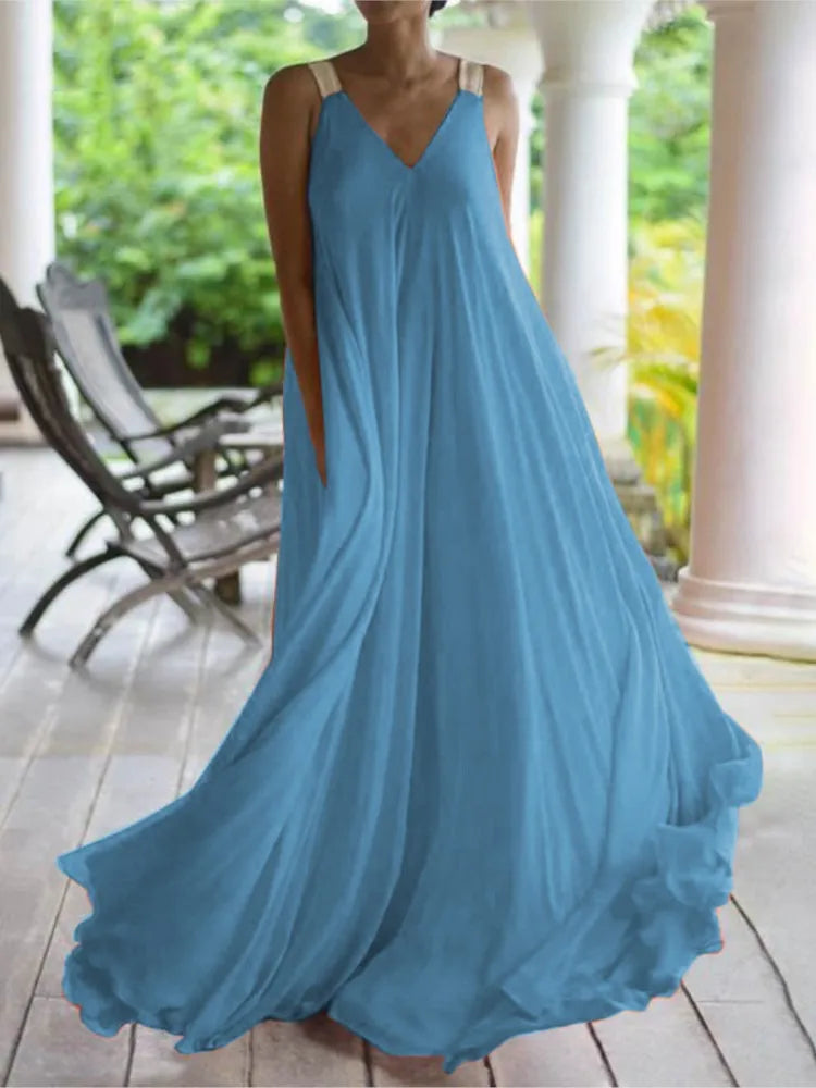 Chloë - Women's Sleeveless V-Neck Bohemian Maxi Dress for Summer, Solid Color, Easygoing Fit