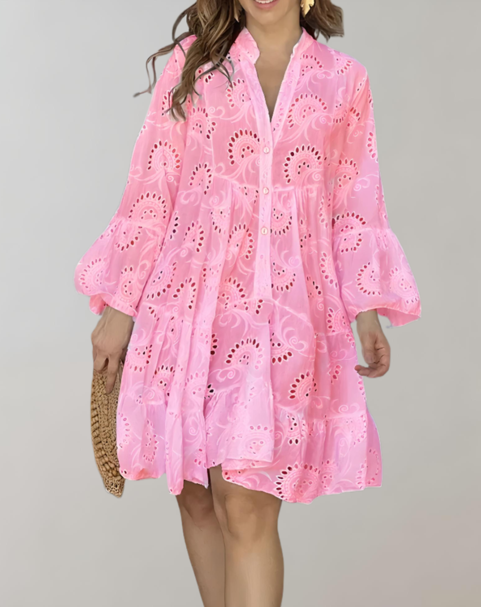Chic V-Neck Embroidered Dress with Bell Sleeves for Effortless Comfort