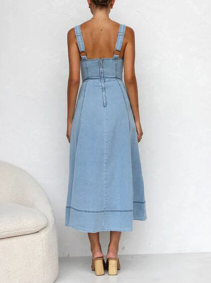 Casual Strap Denim Midi Dress with Button-Up Detail