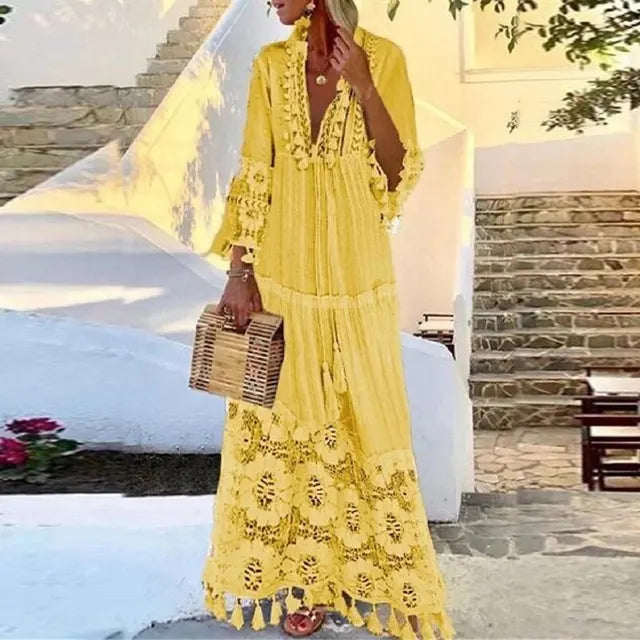 Boho Chic Lace and Fringe Maxi Dress