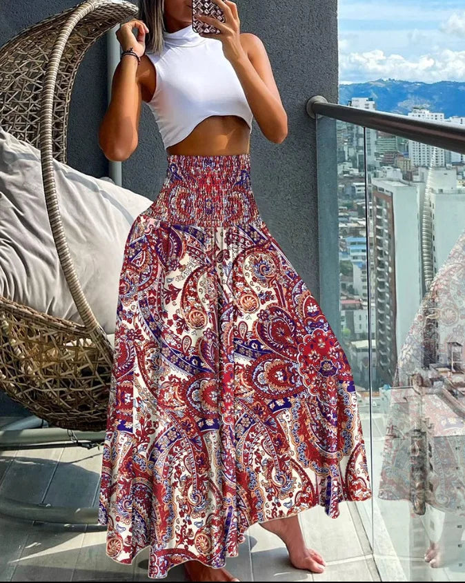 Elegant High-Waisted A-Line Skirt with Comfortable Elastic Waist and Graceful Flow