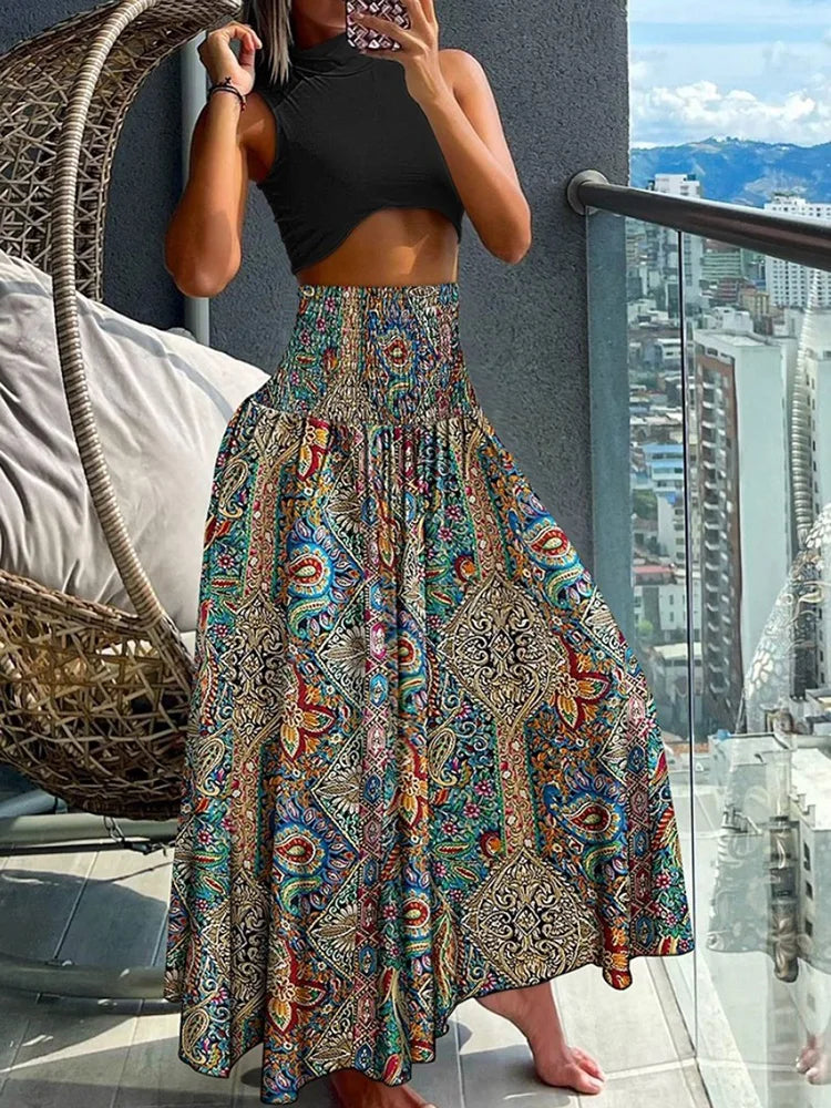 Elegant High-Waisted A-Line Skirt with Comfortable Elastic Waist and Graceful Flow