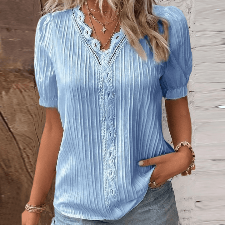 Elegant V-Neck Blouse with Subtle Lace Accents