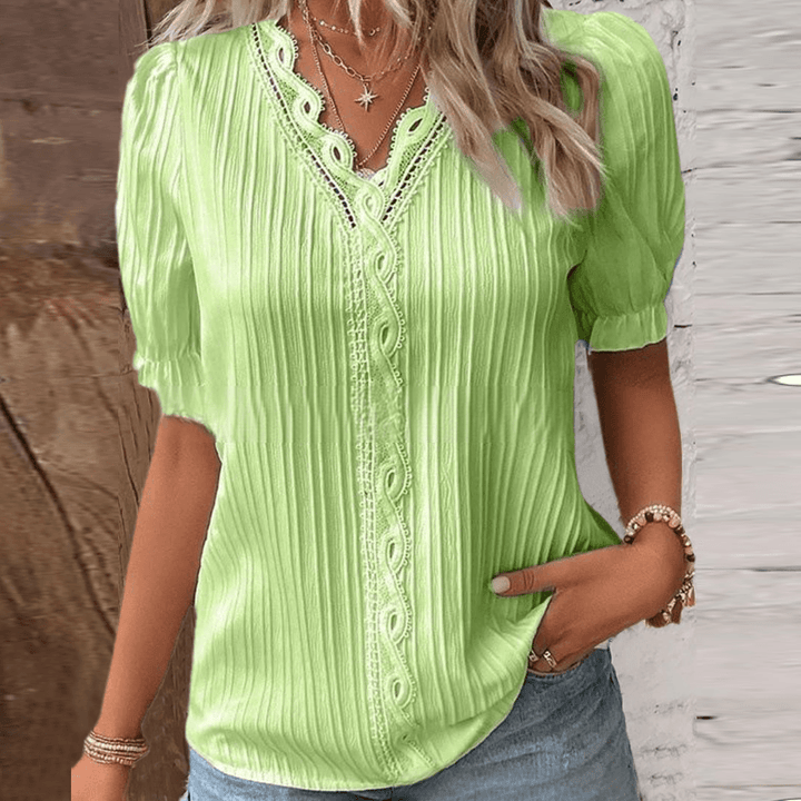 Elegant V-Neck Blouse with Subtle Lace Accents