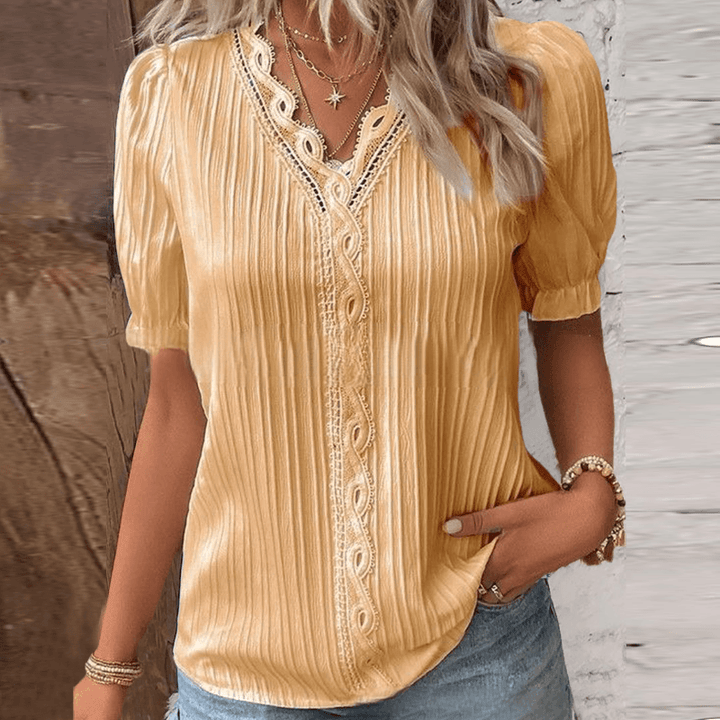 Elegant V-Neck Blouse with Subtle Lace Accents