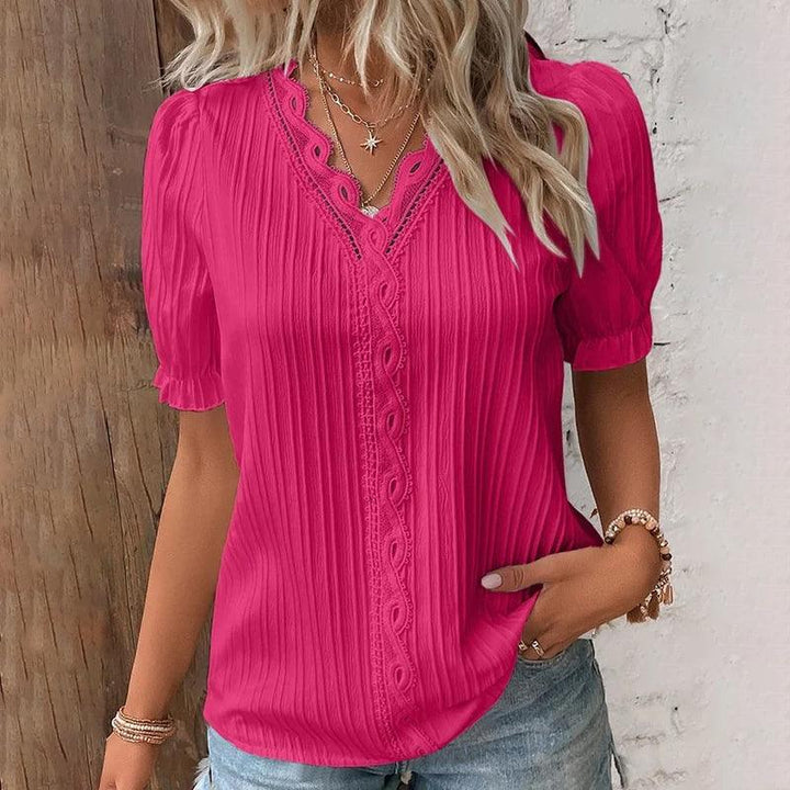 Elegant V-Neck Blouse with Subtle Lace Accents