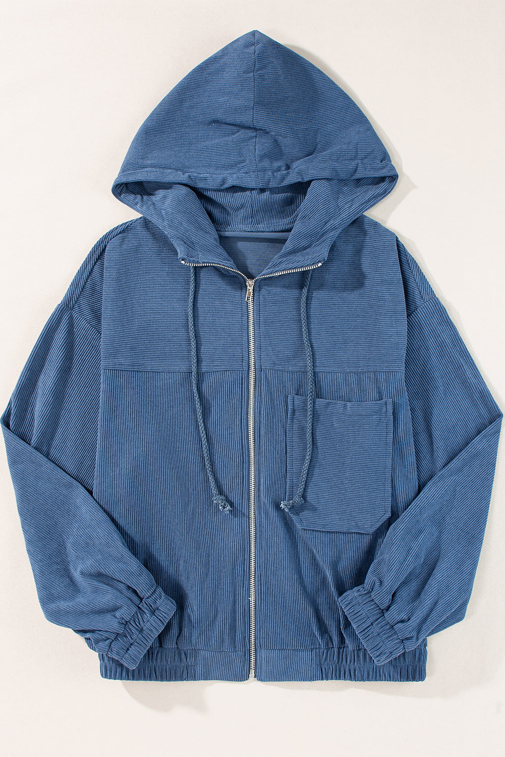 Adjustable Drawstring Teal Zip-Up Hooded Jacket