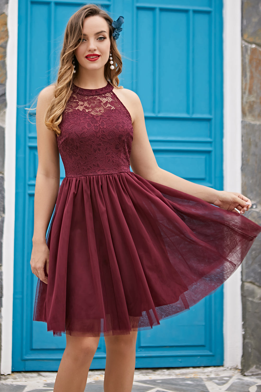 Burgundy Halter Dress for Confirmation Ceremony